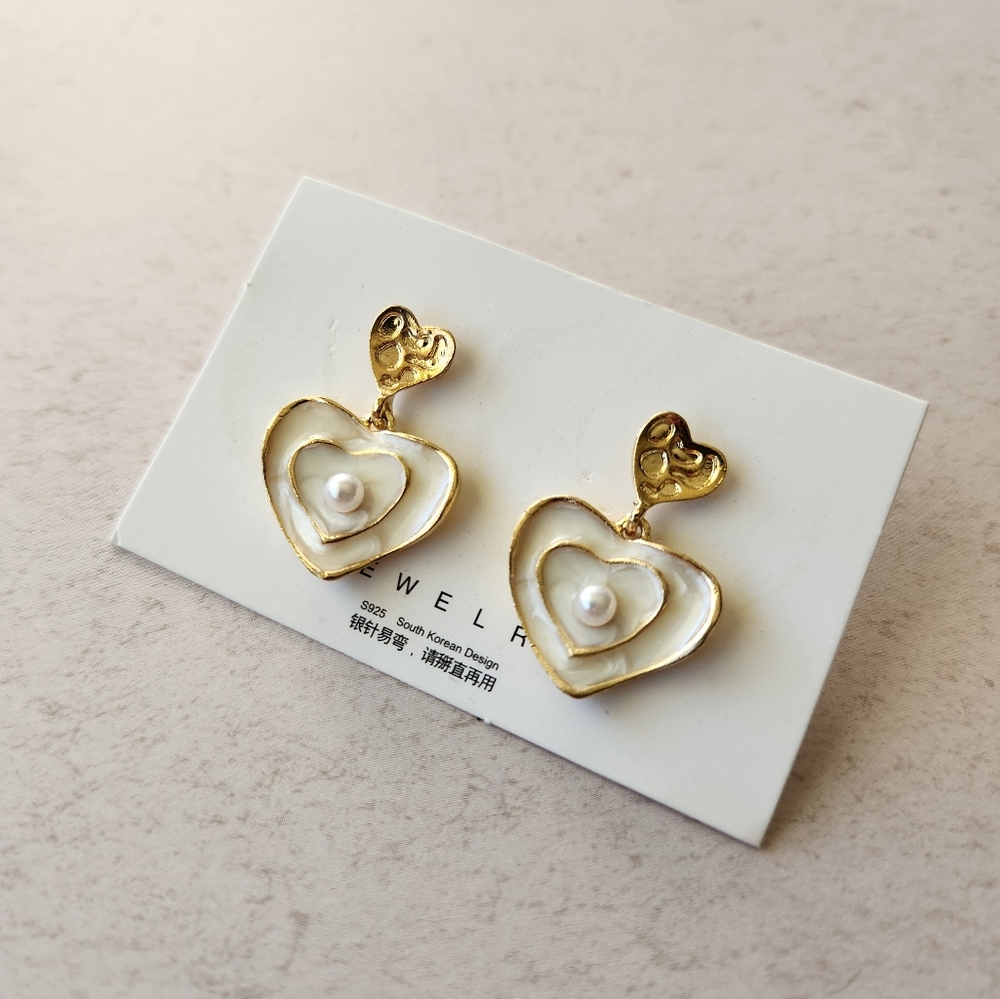 Heart Shape Pearl Enamel Earrings, Alloy, Women